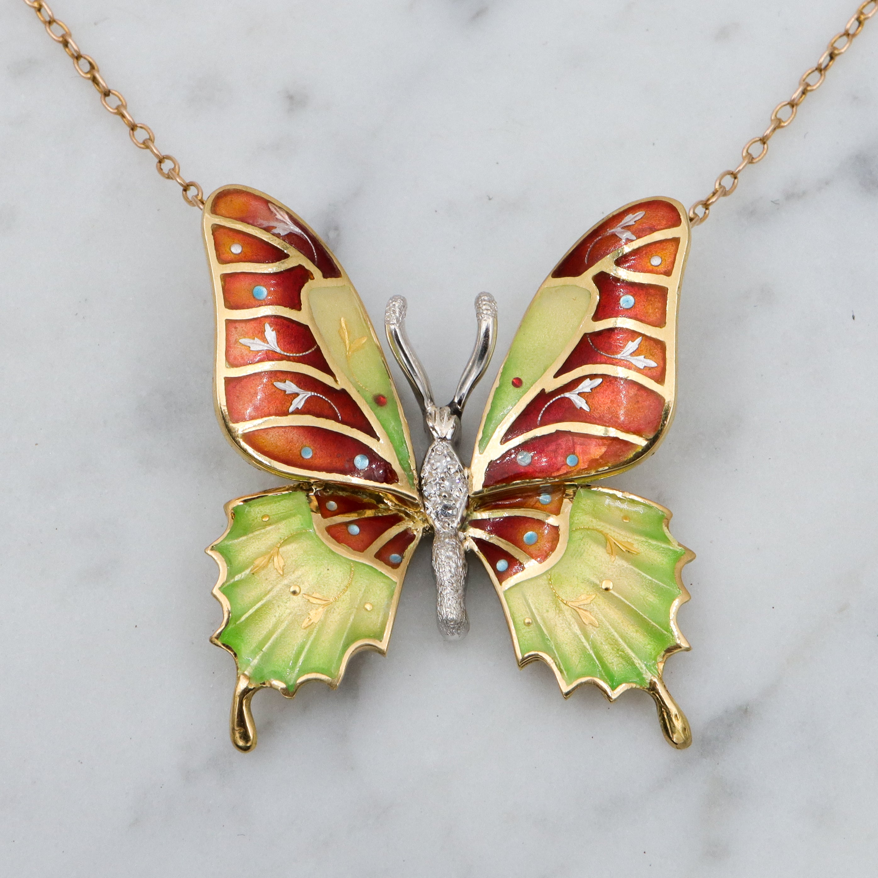 Antique 14k gold enamel & diamond butterfly pendant necklace